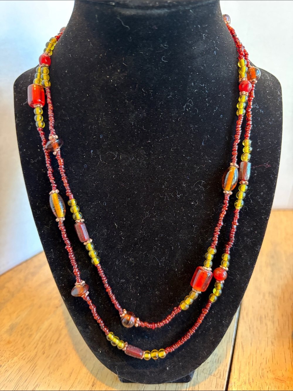 Handcrafted Red and Olive Glass Bead Necklace